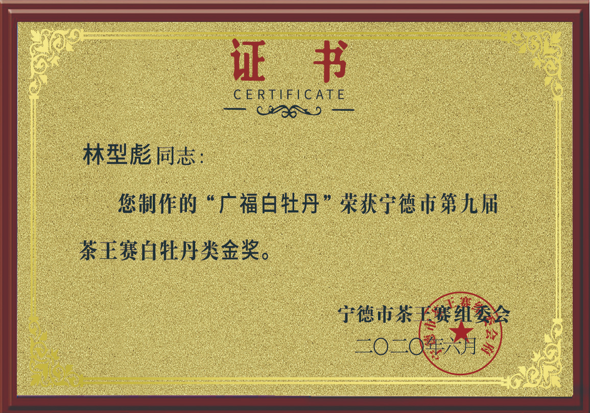 2020年林型彪制作的白牡丹荣获宁德市第九届茶王赛白牡丹金奖